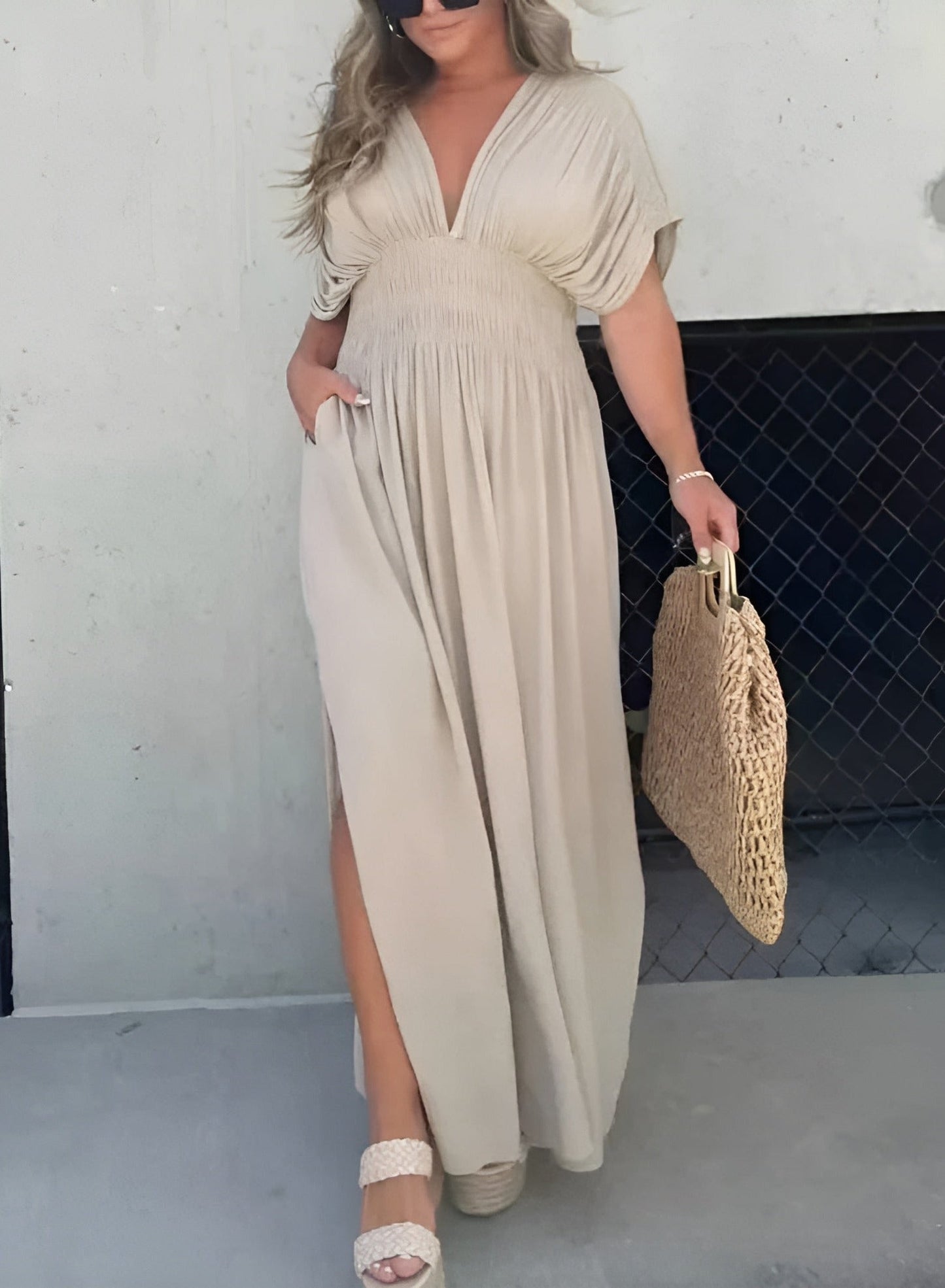 Deep V-Neck Flutter Sleeve Smocked Waist Side Slit Maxi Dress