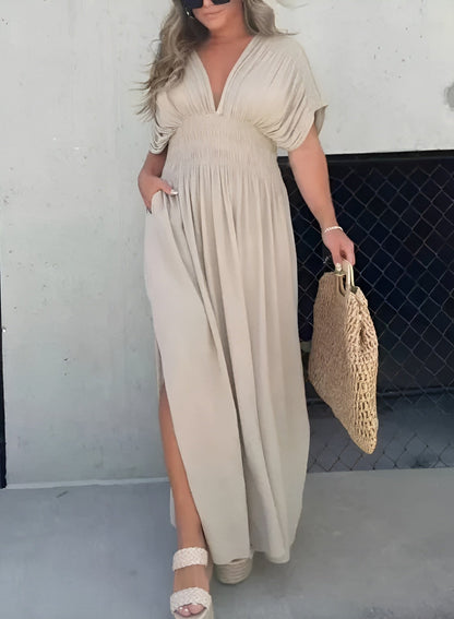 Deep V-Neck Flutter Sleeve Smocked Waist Side Slit Maxi Dress