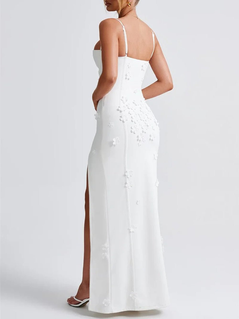 Floral Applique Sweetheart Neck Spaghetti Strap High Split Bodycon Maxi Dress