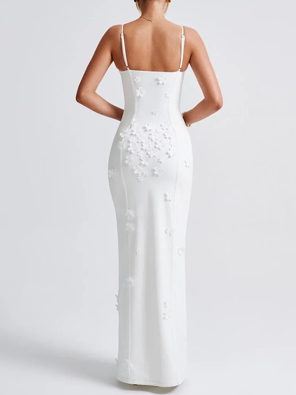 Floral Applique Sweetheart Neck Spaghetti Strap High Split Bodycon Maxi Dress
