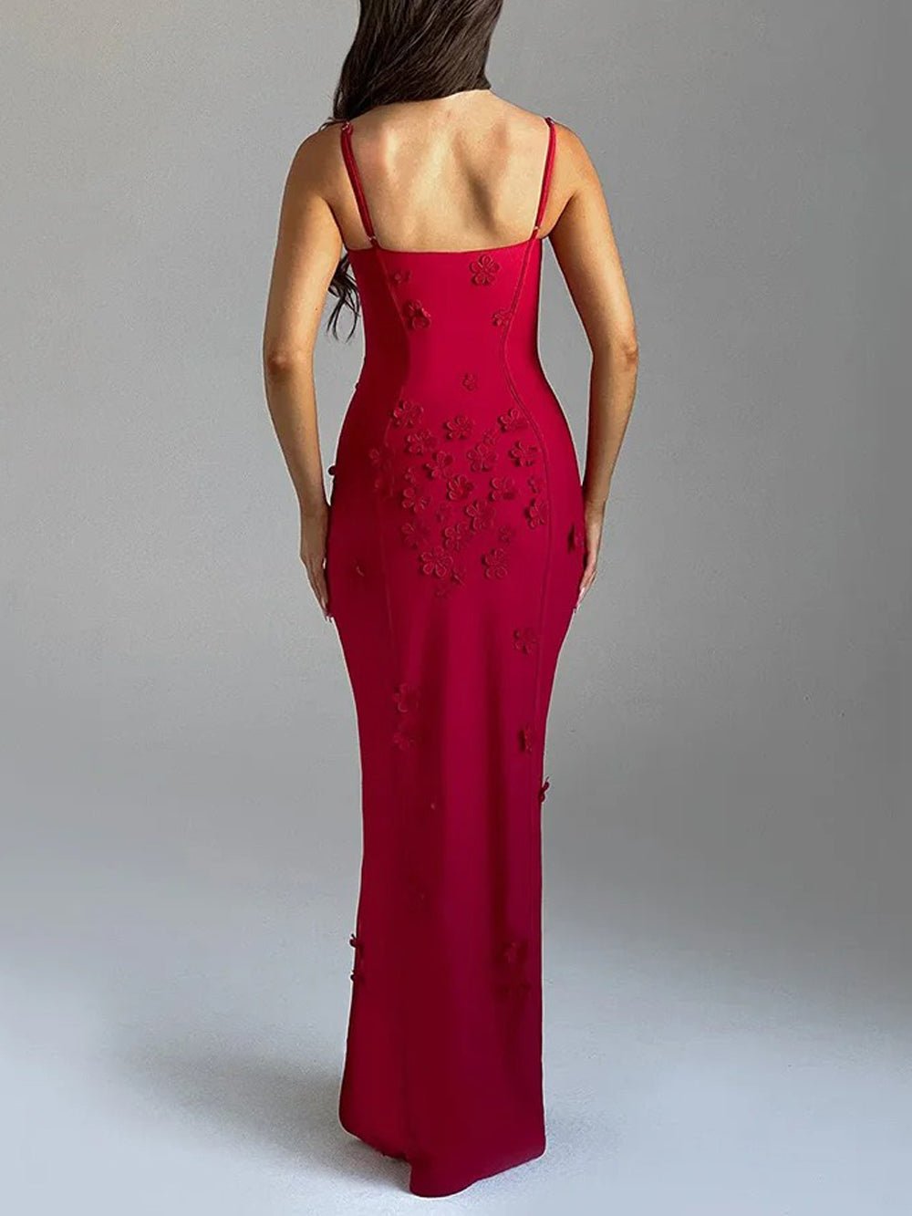 Floral Applique Sweetheart Neck Spaghetti Strap High Split Bodycon Maxi Dress