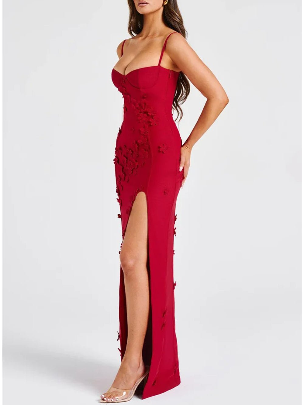 Floral Applique Sweetheart Neck Spaghetti Strap High Split Bodycon Maxi Dress