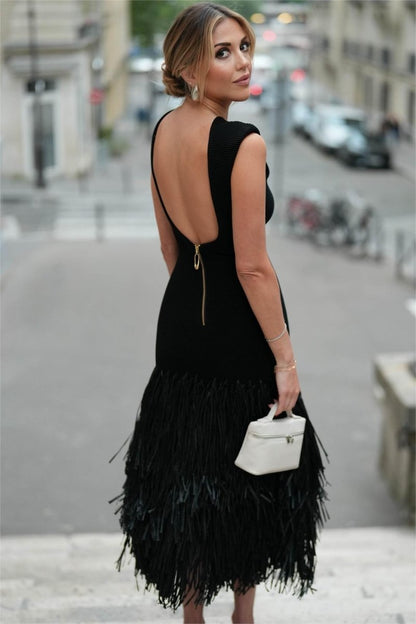 Sleeveless Deep Scoop Back Exposed Zipper Fringed Midi Dress
