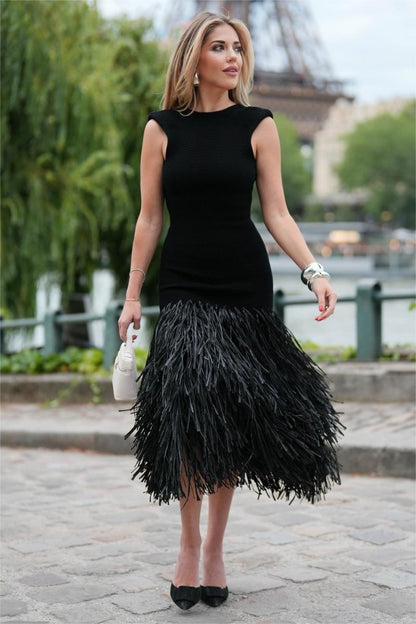 Sleeveless Deep Scoop Back Exposed Zipper Fringed Midi Dress