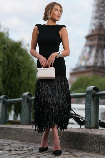 Sleeveless Deep Scoop Back Exposed Zipper Fringed Midi Dress