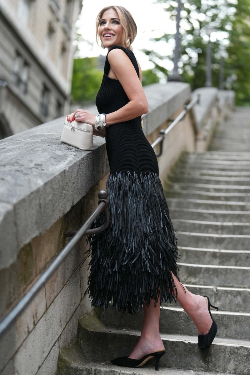 Sleeveless Deep Scoop Back Exposed Zipper Fringed Midi Dress