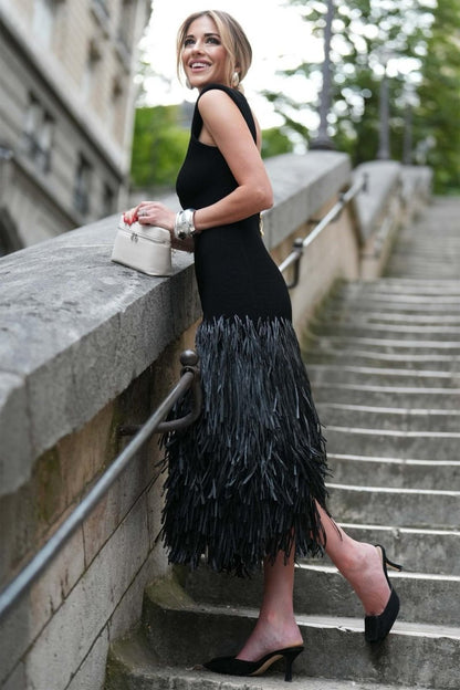 Sleeveless Deep Scoop Back Exposed Zipper Fringed Midi Dress