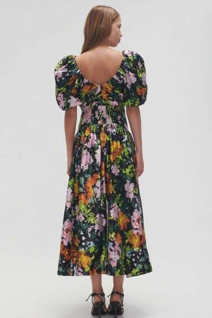 Floral Print Deep V-Neck Puff Sleeve Ruched Bodice Midi Dress