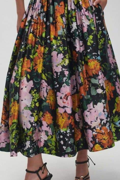 Floral Print Deep V-Neck Ruched Puff Sleeve Gathered Skirt Midi Dress