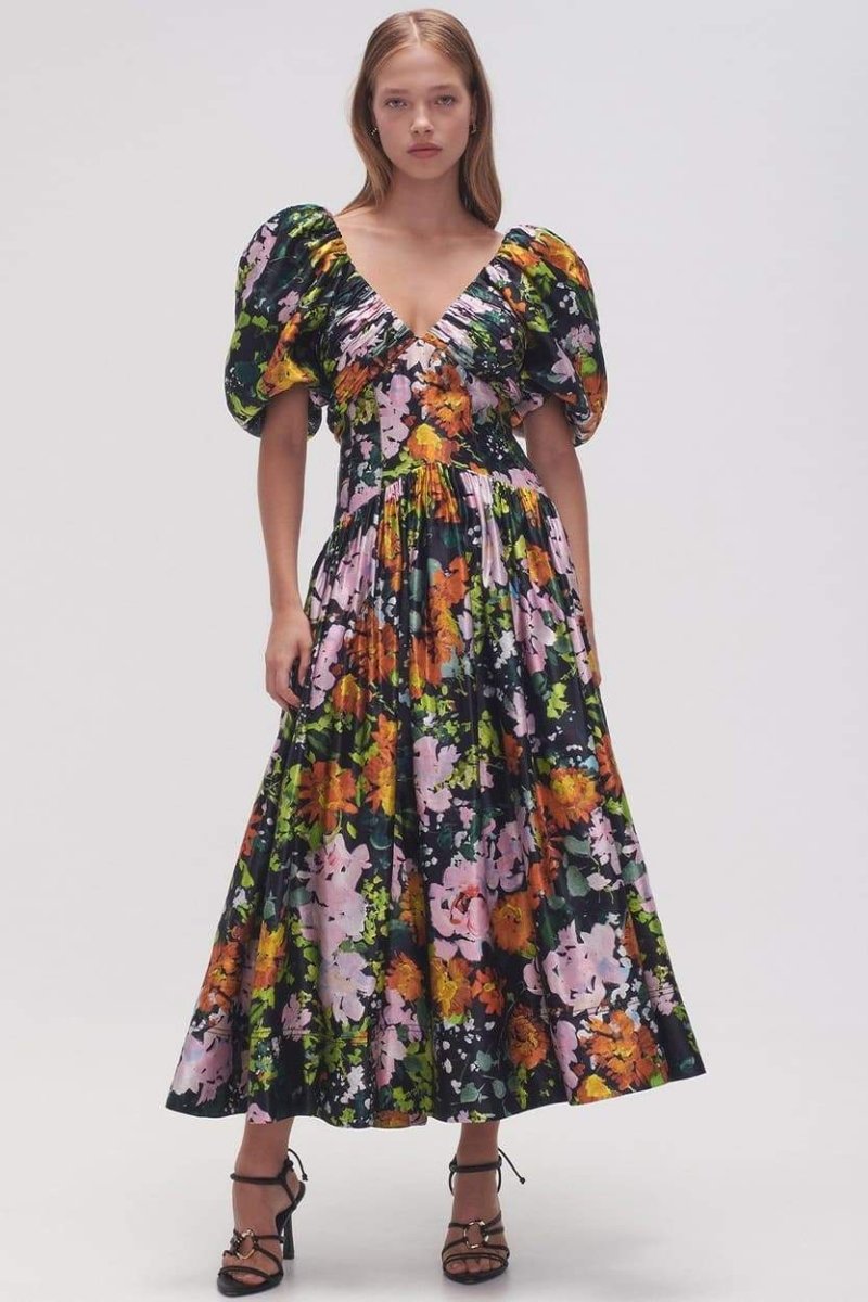 Floral Print Deep V-Neck Puff Sleeve Ruched Bodice Midi Dress