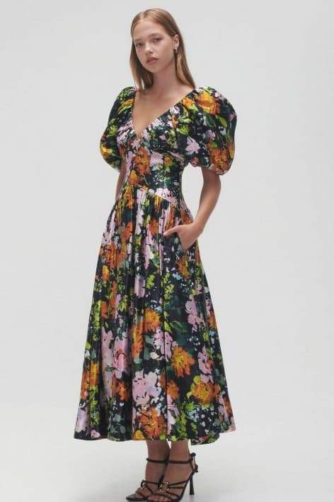 Floral Print Deep V-Neck Puff Sleeve Ruched Bodice Midi Dress