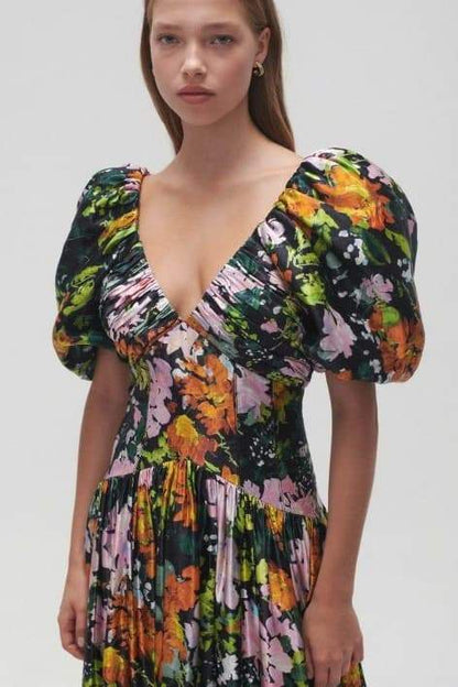 Floral Print Deep V-Neck Puff Sleeve Ruched Bodice Midi Dress