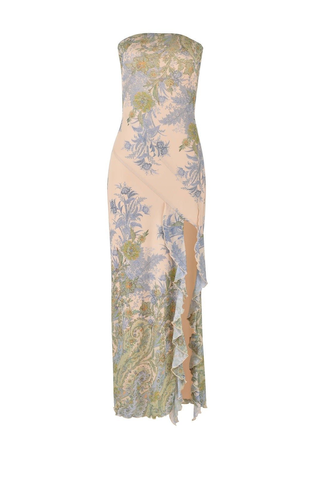 Strapless Floral Print Lettuce Edge Trim High Slit Bodycon Maxi Dress