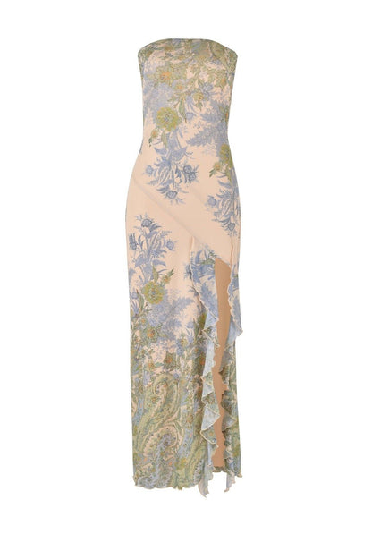 Strapless Floral Print Lettuce Edge Trim High Slit Bodycon Maxi Dress