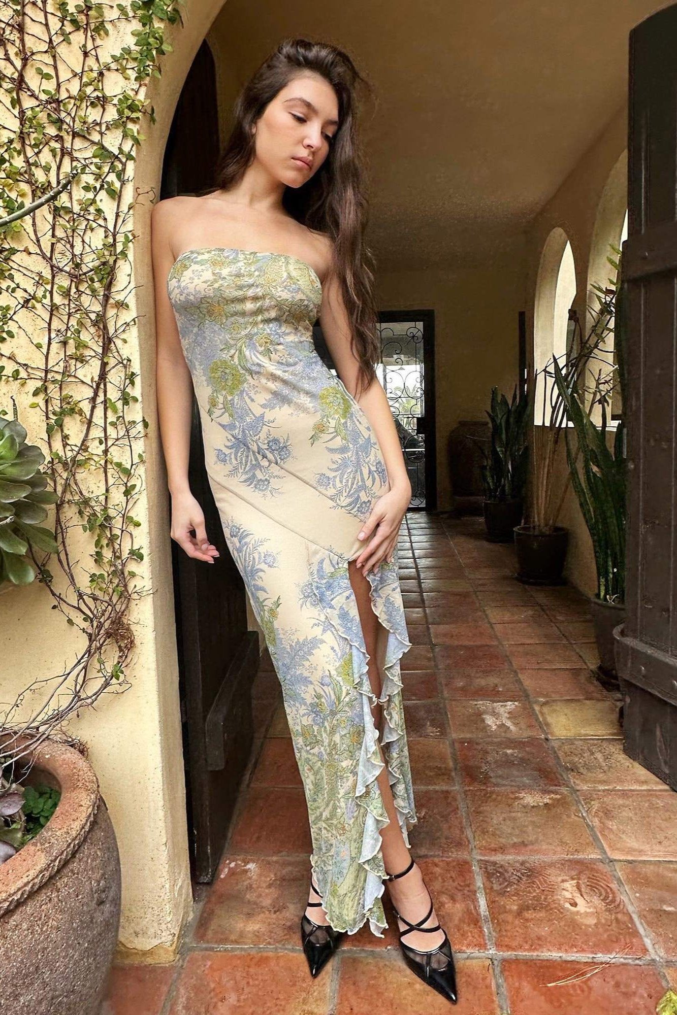 Strapless Floral Print Lettuce Edge Trim High Slit Bodycon Maxi Dress