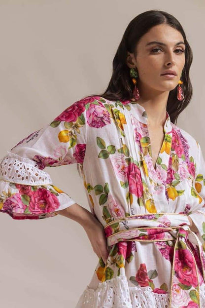 Floral Fruit Print Stand Collar Pleated Eyelet Cuff Mini Dress