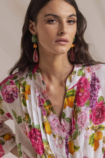 Floral Fruit Print Stand Collar Pleated Eyelet Cuff Mini Dress