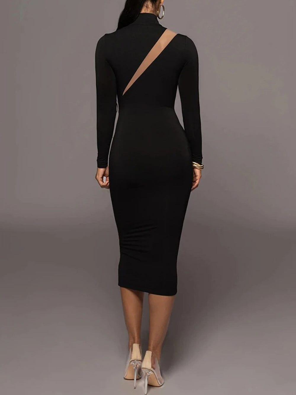 Mock Neck Diagonal Mesh Panel Long Sleeve Bodycon Midi Dress