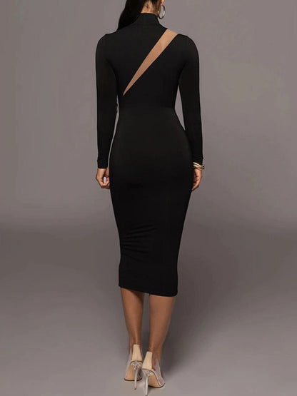 Mock Neck Diagonal Mesh Panel Long Sleeve Bodycon Midi Dress