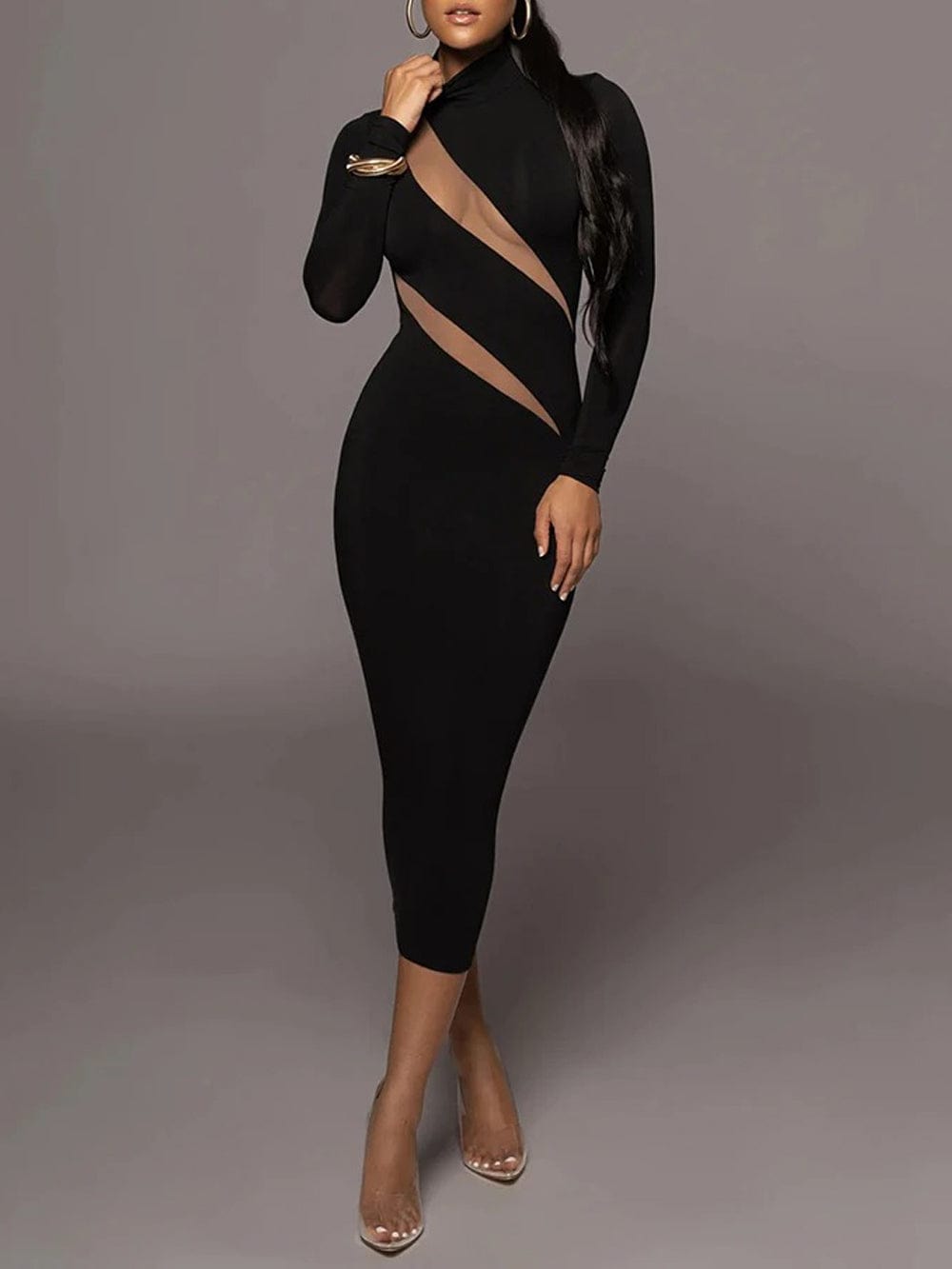 Mock Neck Diagonal Mesh Panel Long Sleeve Bodycon Midi Dress