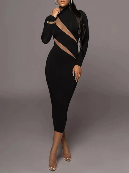 Mock Neck Diagonal Mesh Panel Long Sleeve Bodycon Midi Dress