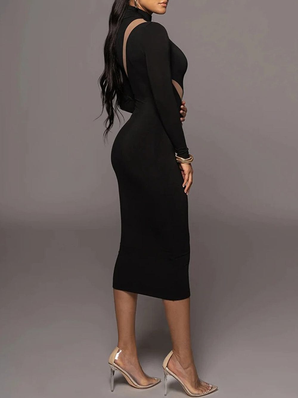Mock Neck Diagonal Mesh Panel Long Sleeve Bodycon Midi Dress