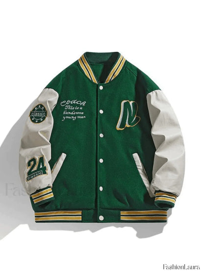 Men's Embroidery Button-Up Varsity Jacket