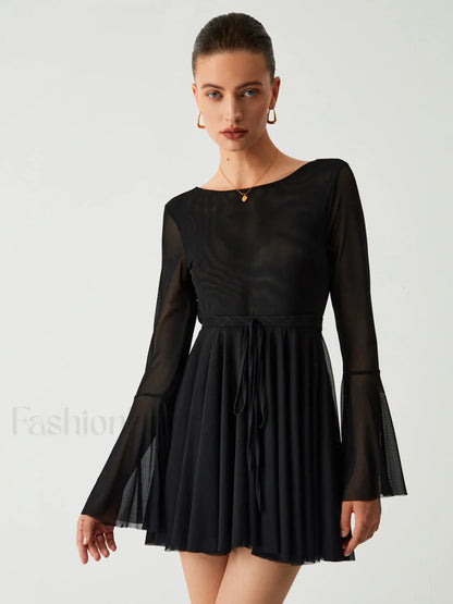 Mesh Flare Sleeve Trendy Open Back Short Dress