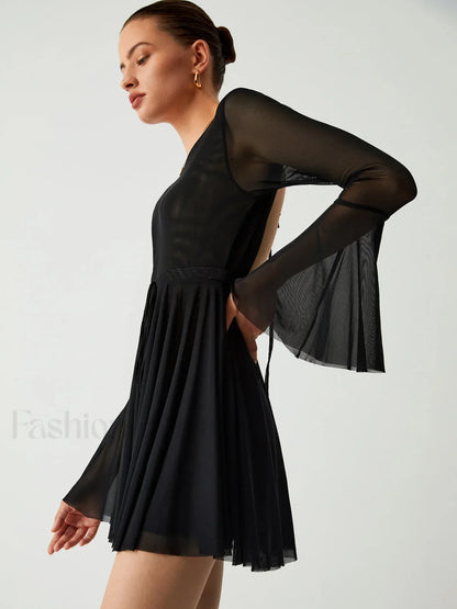 Mesh Flare Sleeve Trendy Open Back Short Dress