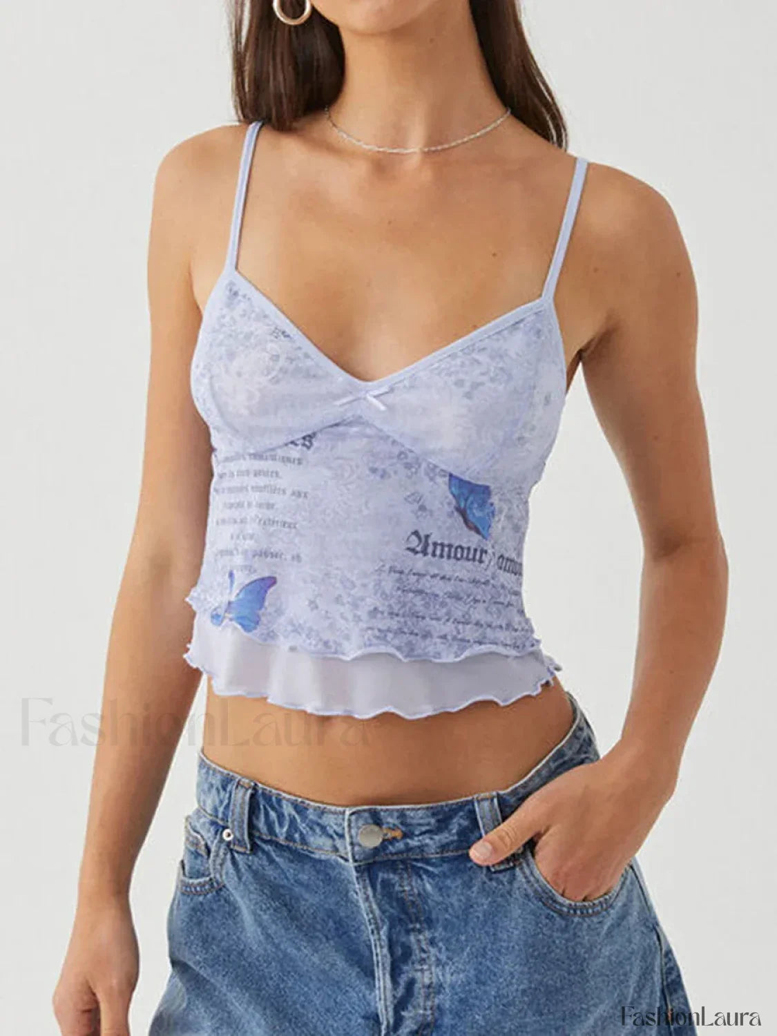 Mesh Graphic Bow Ruffle Crop Top