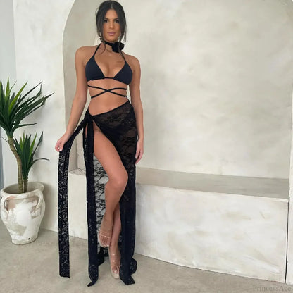 Mesh Hollow Beachwear Three Piece Swimsuit