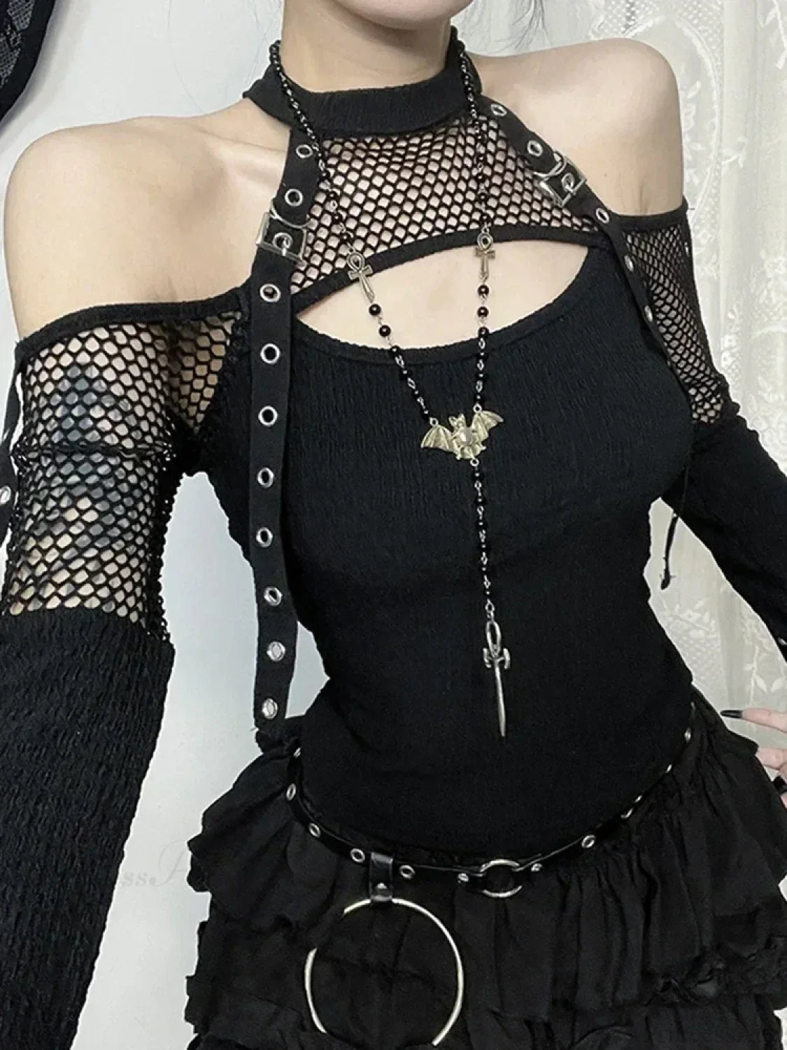 Mesh Hollow Sleeve Knit Top