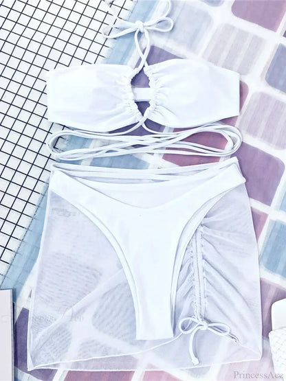 Mesh Sarong Skirt Bikini Three Piece Swimsuit