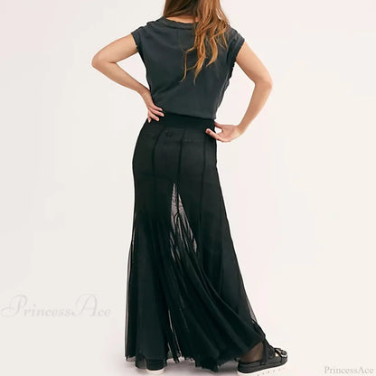 Mesh Sheer Ruffle Midi Skirt