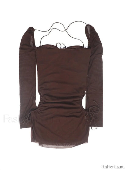Mesh Tie Strap Halter Long Sleeve Mini Dress