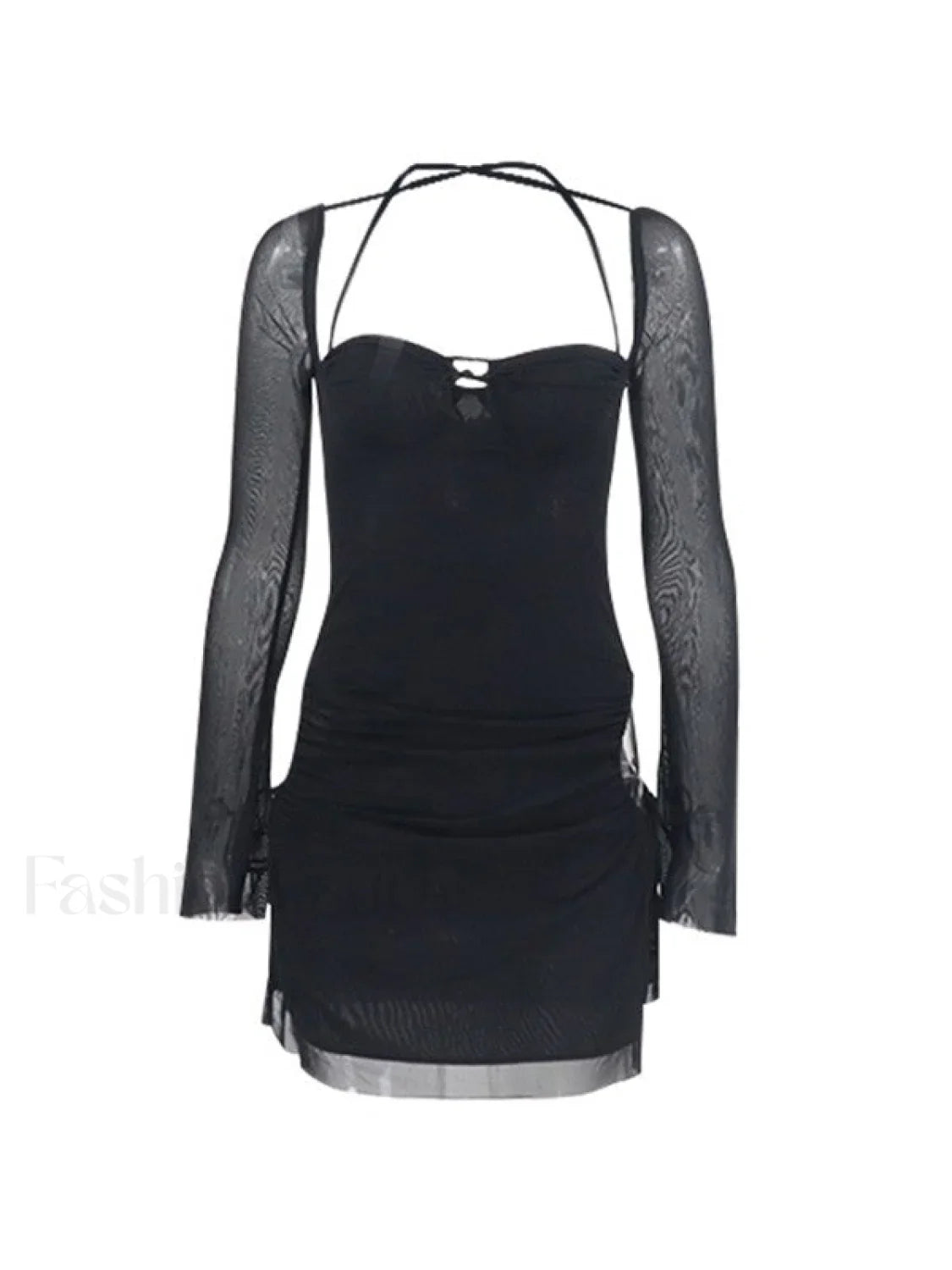 Mesh Tie Strap Halter Long Sleeve Mini Dress