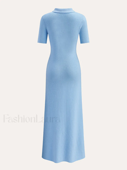 Metal Button Collar Midi Dress