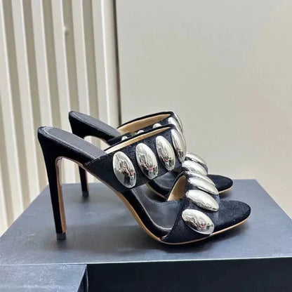 Metal Ornamental Gothic Suede Slippers Tall Heel
