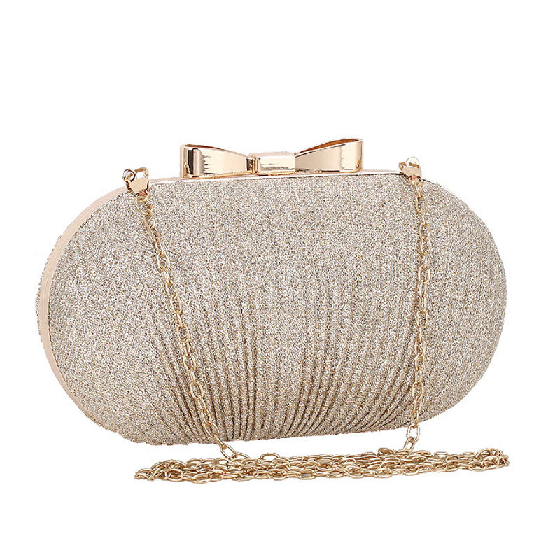 Gold Ruched Mini Clutch Bag with Metallic Bowknot Trim