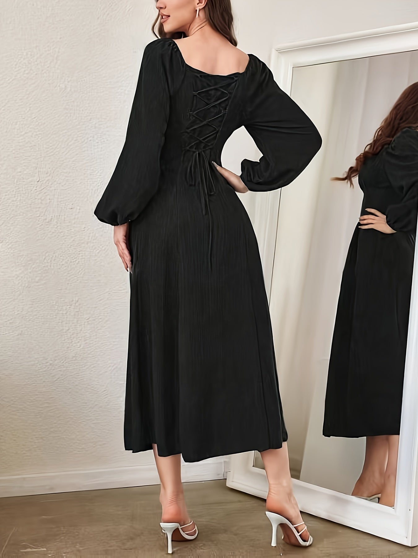 Square Neck Ruched Bust Wide Waistband Bishop Sleeve Crinkle Texture Midi Dress