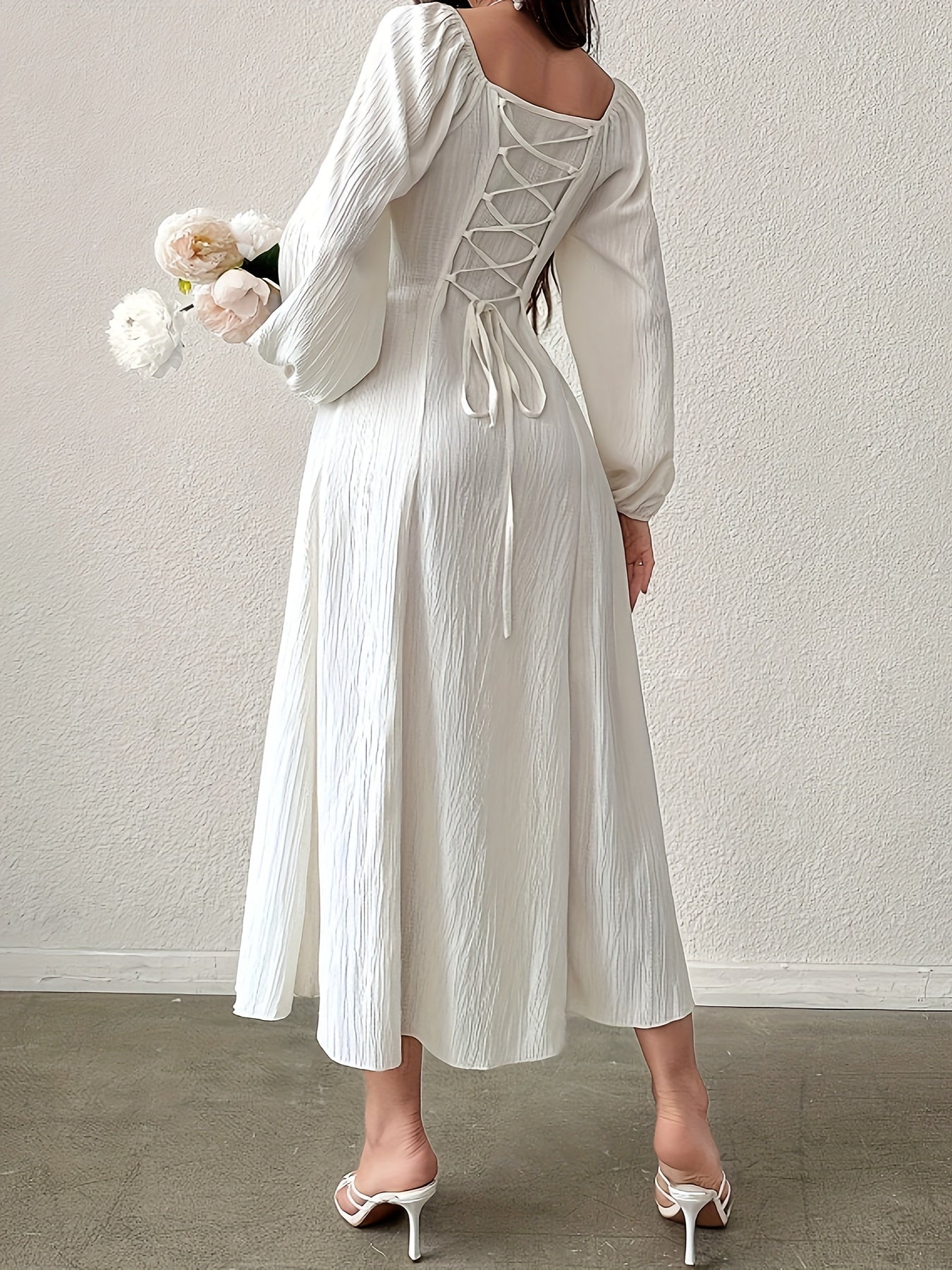 Square Neck Ruched Bust Wide Waistband Bishop Sleeve Crinkle Texture Midi Dress