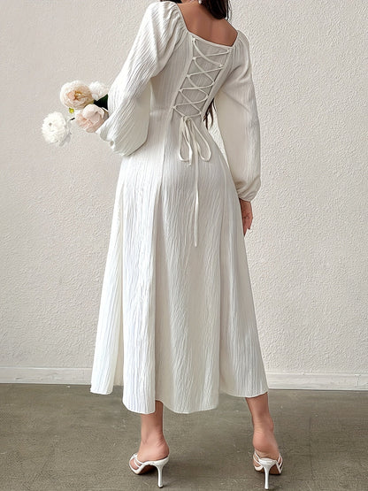 Square Neck Ruched Bust Wide Waistband Bishop Sleeve Crinkle Texture Midi Dress