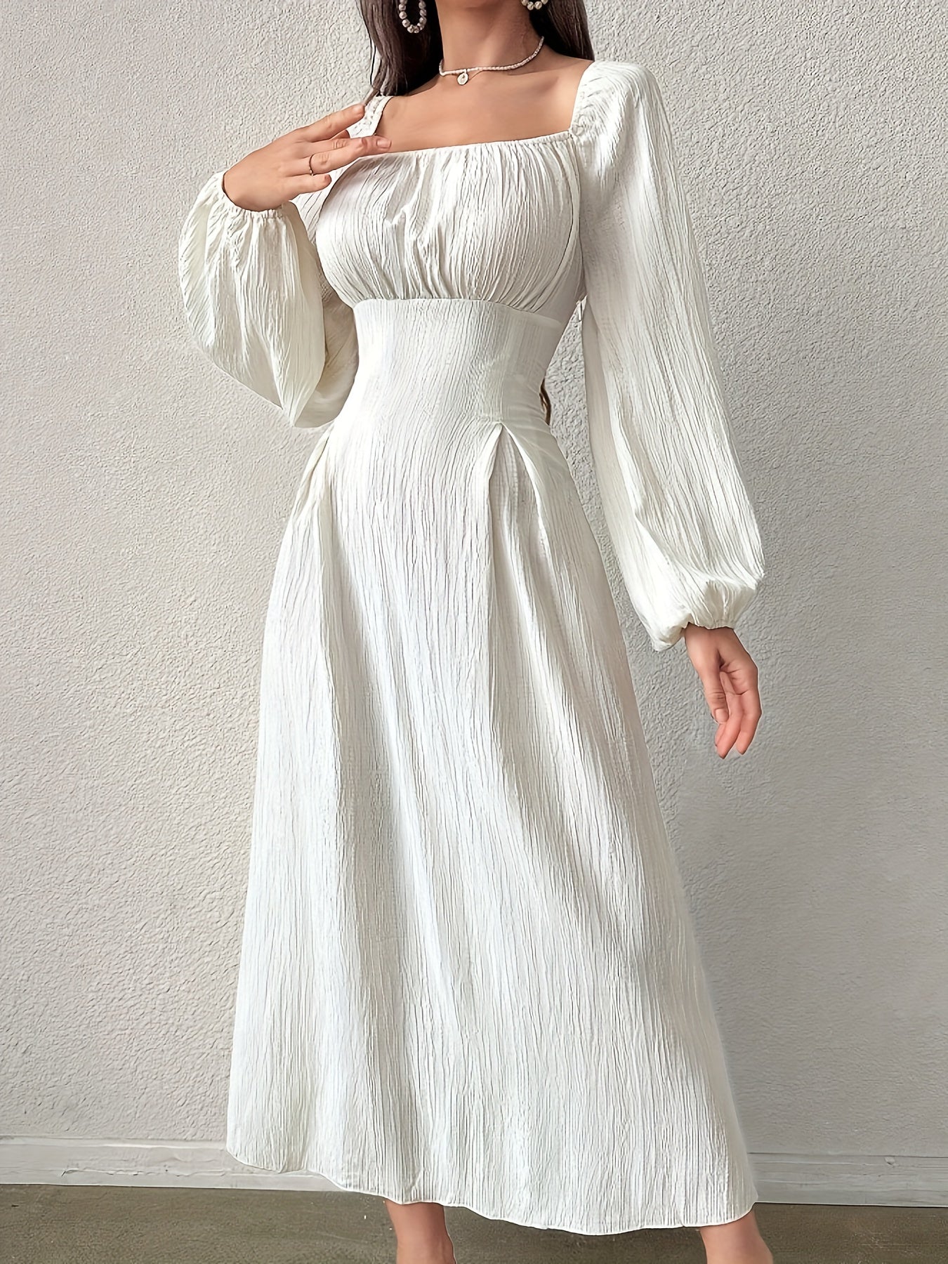 Square Neck Ruched Bust Wide Waistband Bishop Sleeve Crinkle Texture Midi Dress