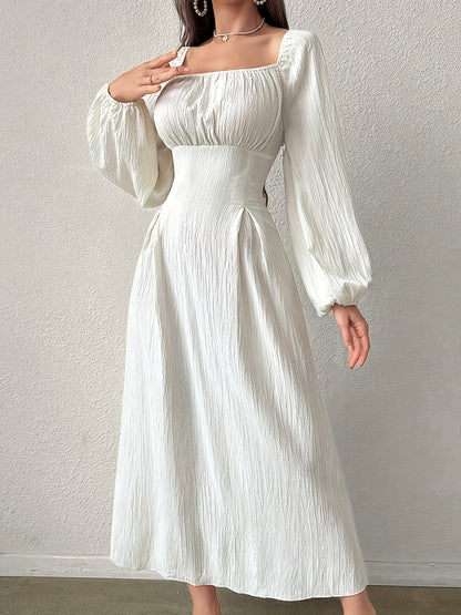 Square Neck Ruched Bust Wide Waistband Bishop Sleeve Crinkle Texture Midi Dress