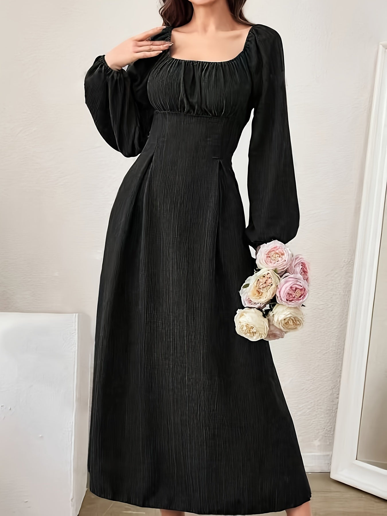 Square Neck Ruched Bust Wide Waistband Bishop Sleeve Crinkle Texture Midi Dress