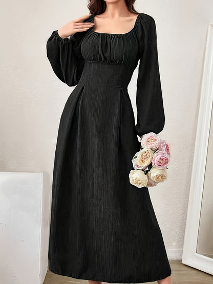 Square Neck Ruched Bust Wide Waistband Bishop Sleeve Crinkle Texture Midi Dress
