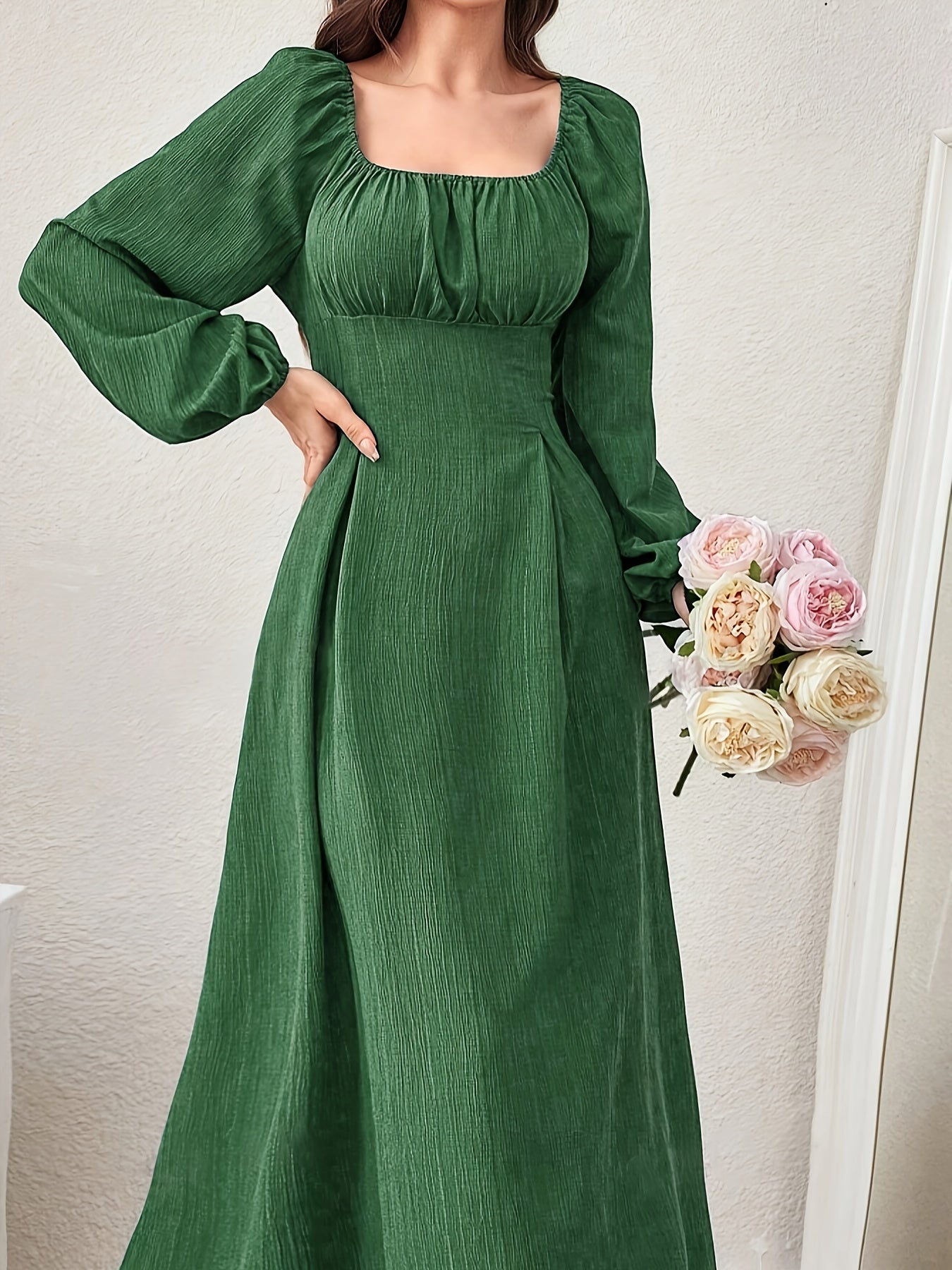 Square Neck Ruched Bust Wide Waistband Bishop Sleeve Crinkle Texture Midi Dress