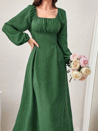 Square Neck Ruched Bust Wide Waistband Bishop Sleeve Crinkle Texture Midi Dress