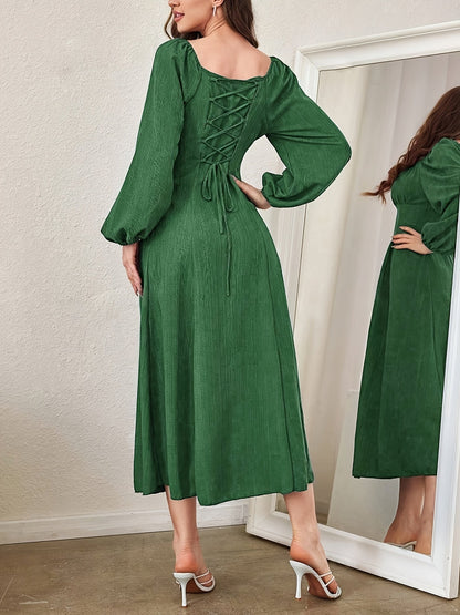 Square Neck Ruched Bust Wide Waistband Bishop Sleeve Crinkle Texture Midi Dress