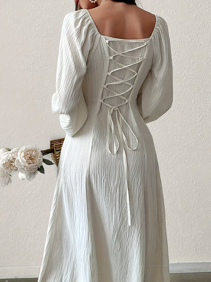 Square Neck Ruched Bust Wide Waistband Bishop Sleeve Crinkle Texture Midi Dress